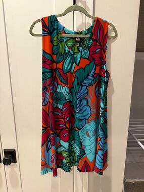 AK Vibrant Floral Sleeveless A-Line Dress in Orange & Turquoise XL Dress